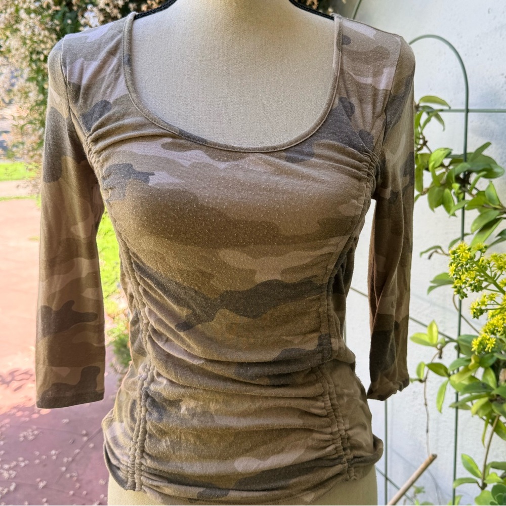 Express Olive Camo Ruched Scoop Neck Long Sleeve Top
